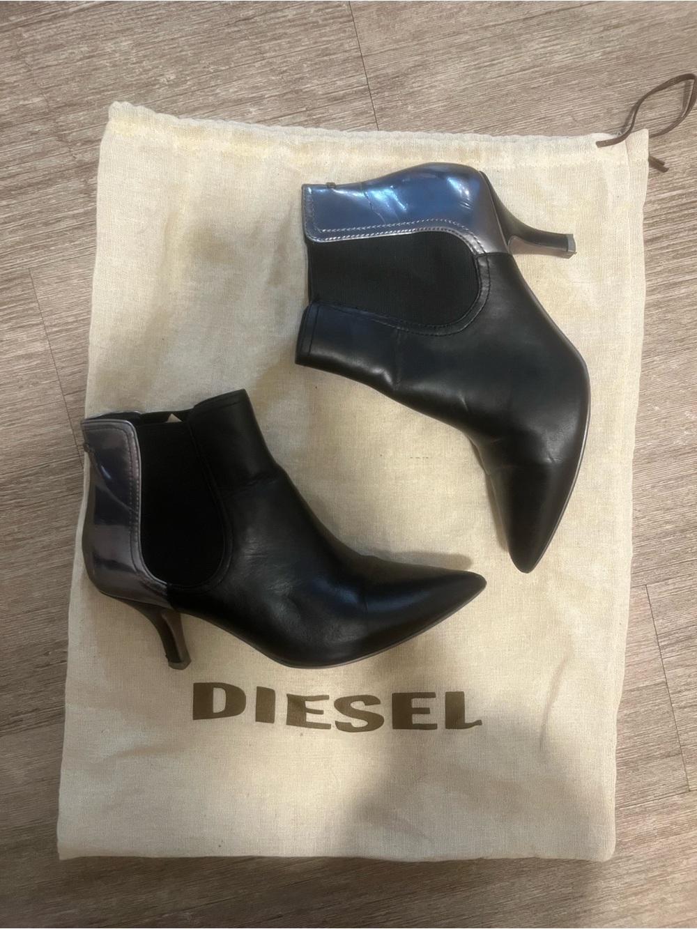 Diesel Black Ankle Booties with Shiny Gunmetal Heel Accent
